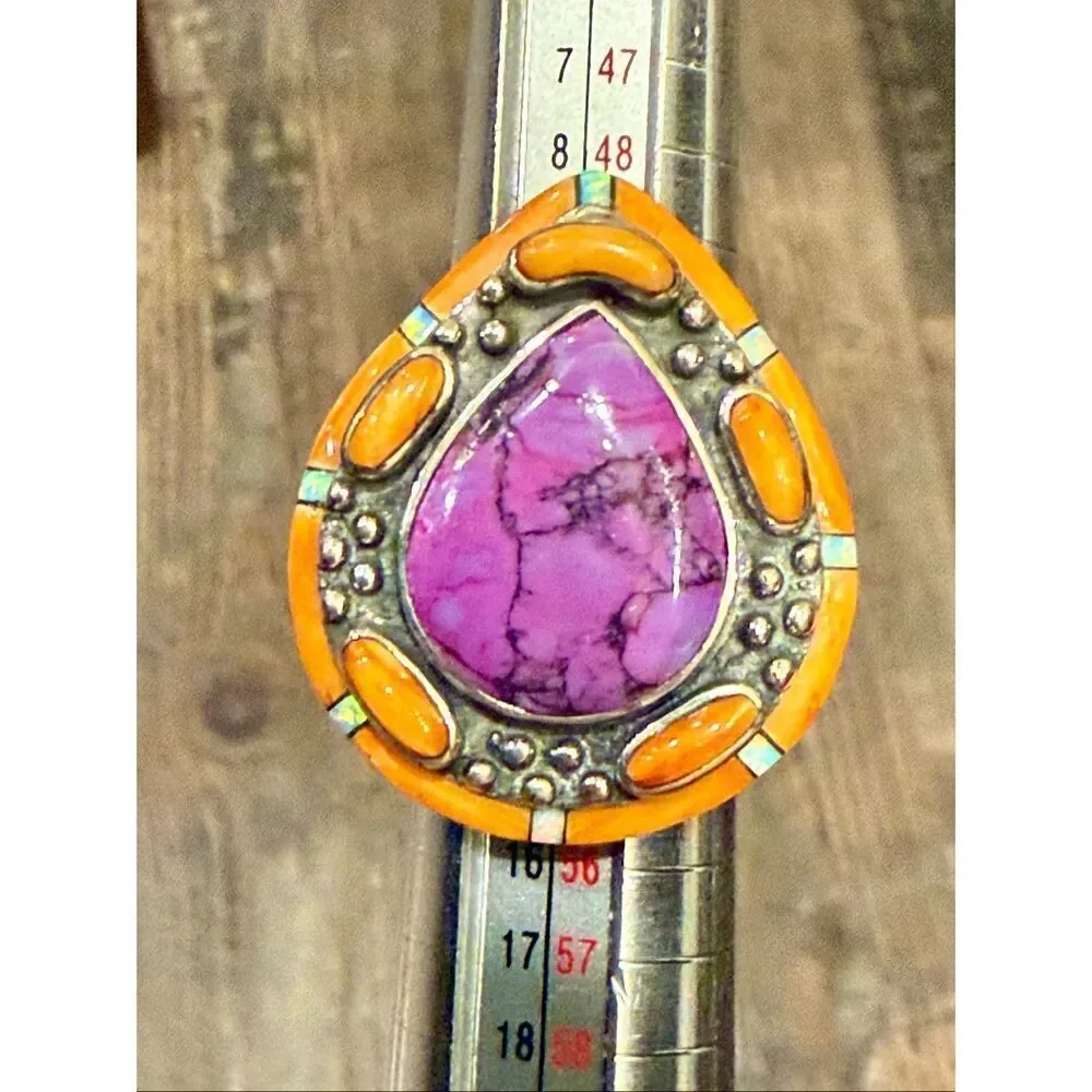 Purple Turquoise Teardrop Ring Sterling Silver Orange & Turquoise Accents Boho